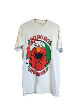 Vintage Sesame Street Elmo Christmas Sleep T Shirt Ho Ho Ho Graphic White USA